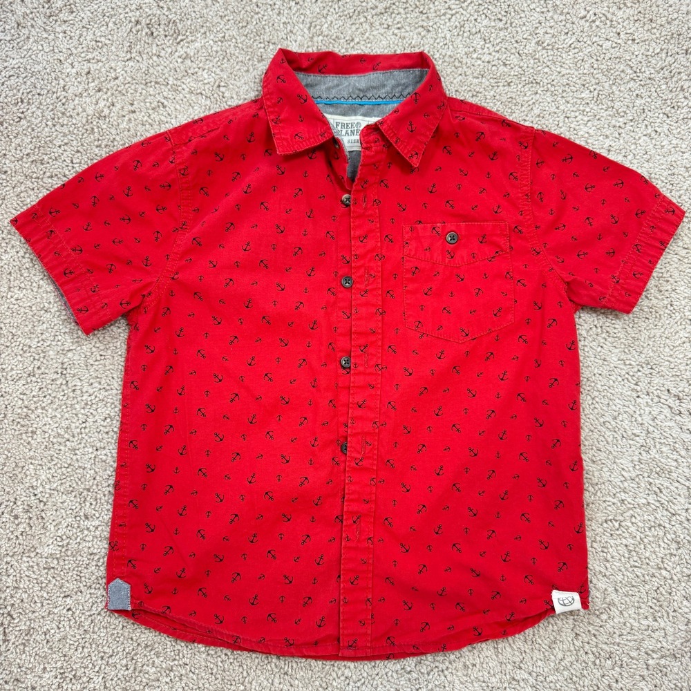 Free Planet Boys Red Anchor Print Short Sleeve Button Down Shirt Size 5 Cotton